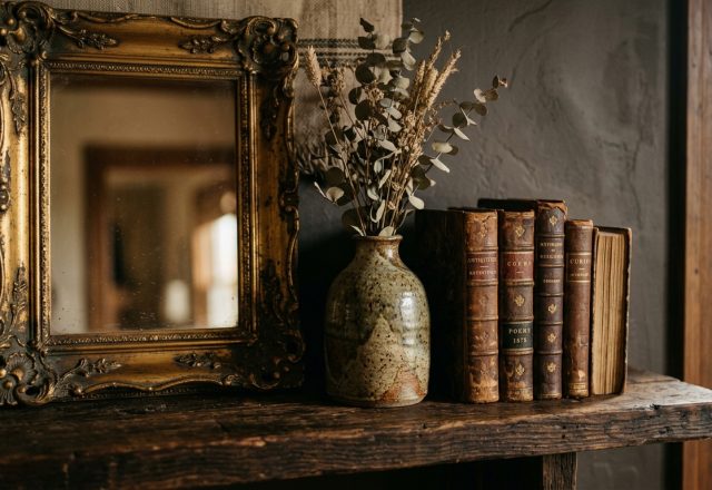 Rustic mantel styling featuring an antique mirror, dried botanicals in a ceramic vase, and vintage books.