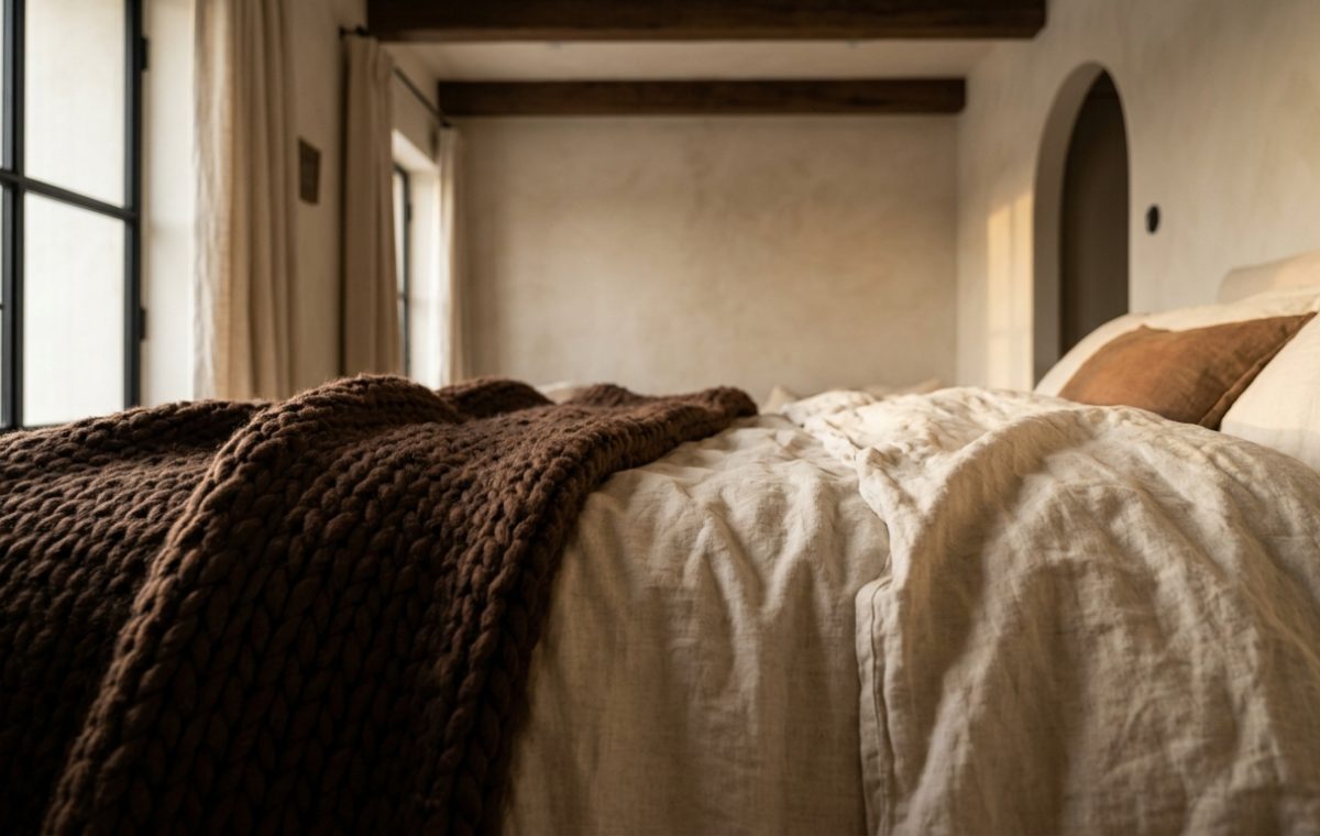 Cozy rustic minimalist bedroom featuring a chunky brown throw blanket and neutral linen bedding in morning light