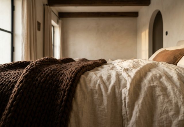 Cozy rustic minimalist bedroom featuring a chunky brown throw blanket and neutral linen bedding in morning light