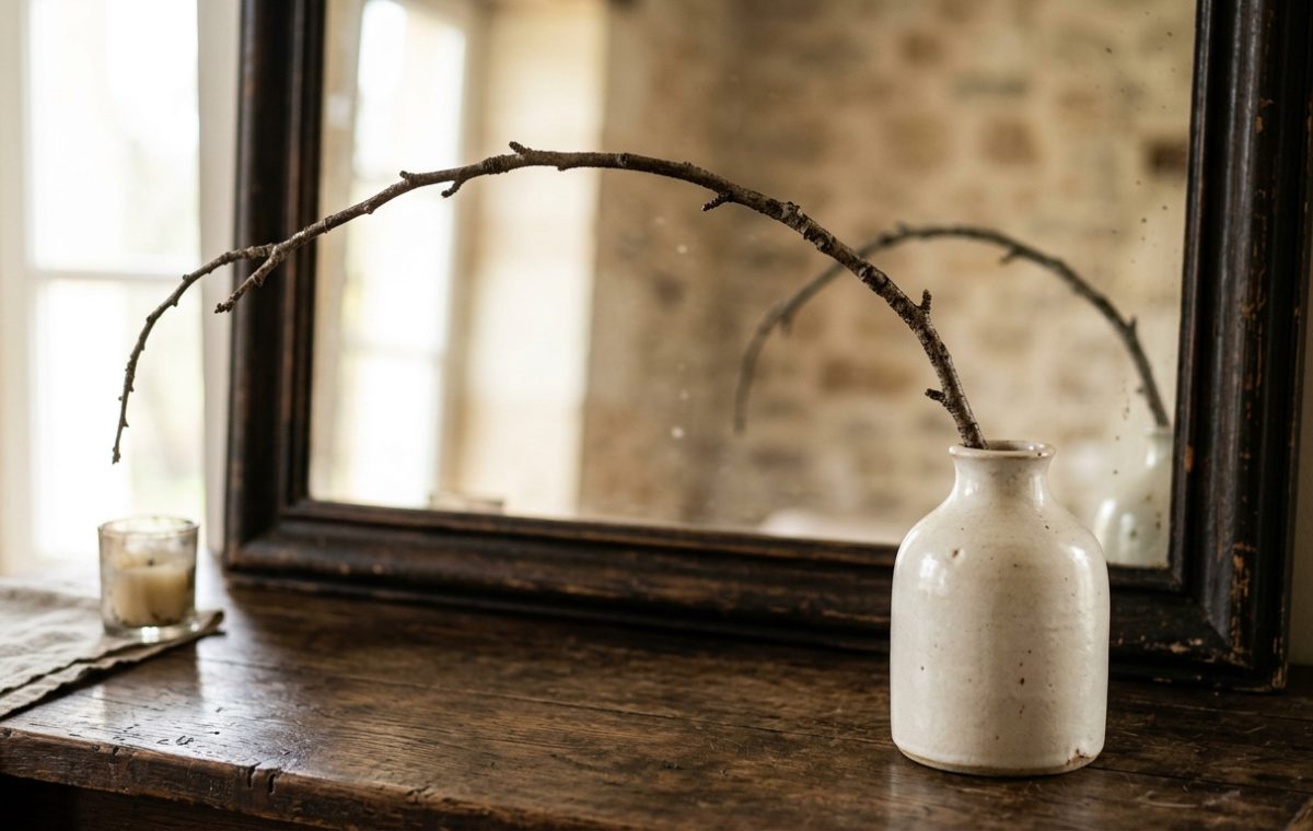 Rustic minimalist decor featuring a curved branch in a ceramic vase on a wooden console table