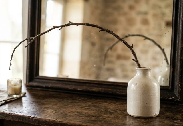 Rustic minimalist decor featuring a curved branch in a ceramic vase on a wooden console table