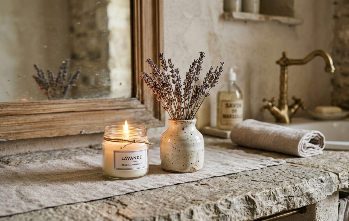 A rustic powder room featuring a rough stone countertop, vintage brass faucet, and artisanal candle.