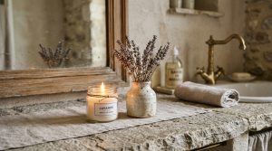 A rustic powder room featuring a rough stone countertop, vintage brass faucet, and artisanal candle.
