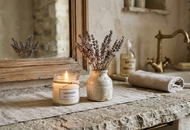 A rustic powder room featuring a rough stone countertop, vintage brass faucet, and artisanal candle.