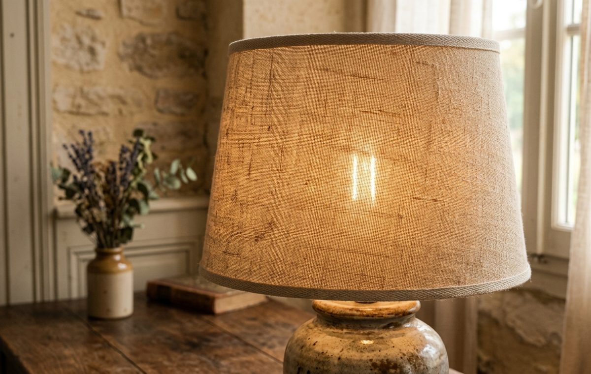 A rustic table lamp with a textured burlap shade sitting on a wooden table beside a ceramic vase with dried flowers in a cozy room with stone walls.