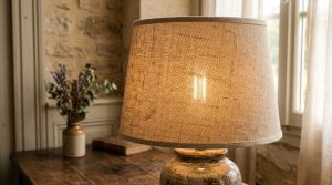 A rustic table lamp with a textured burlap shade sitting on a wooden table beside a ceramic vase with dried flowers in a cozy room with stone walls.