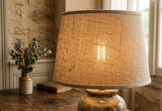 A rustic table lamp with a textured burlap shade sitting on a wooden table beside a ceramic vase with dried flowers in a cozy room with stone walls.