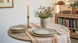 A rustic table setting featuring layered ceramic plates, a linen runner, and a brass candlestick.