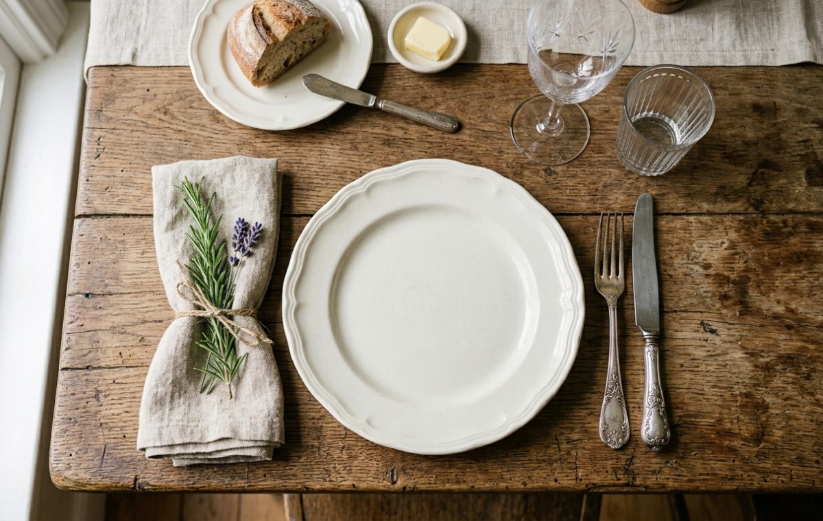A rustic table setting featuring a white ceramic plate, linen napkin with rosemary, and vintage silverware on a wooden table.