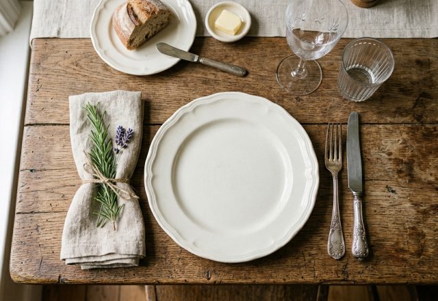 A rustic table setting featuring a white ceramic plate, linen napkin with rosemary, and vintage silverware on a wooden table.