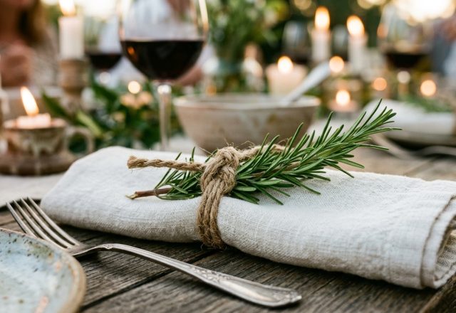 A beautiful rustic table setting featuring a linen napkin, fresh rosemary, and glowing candles.