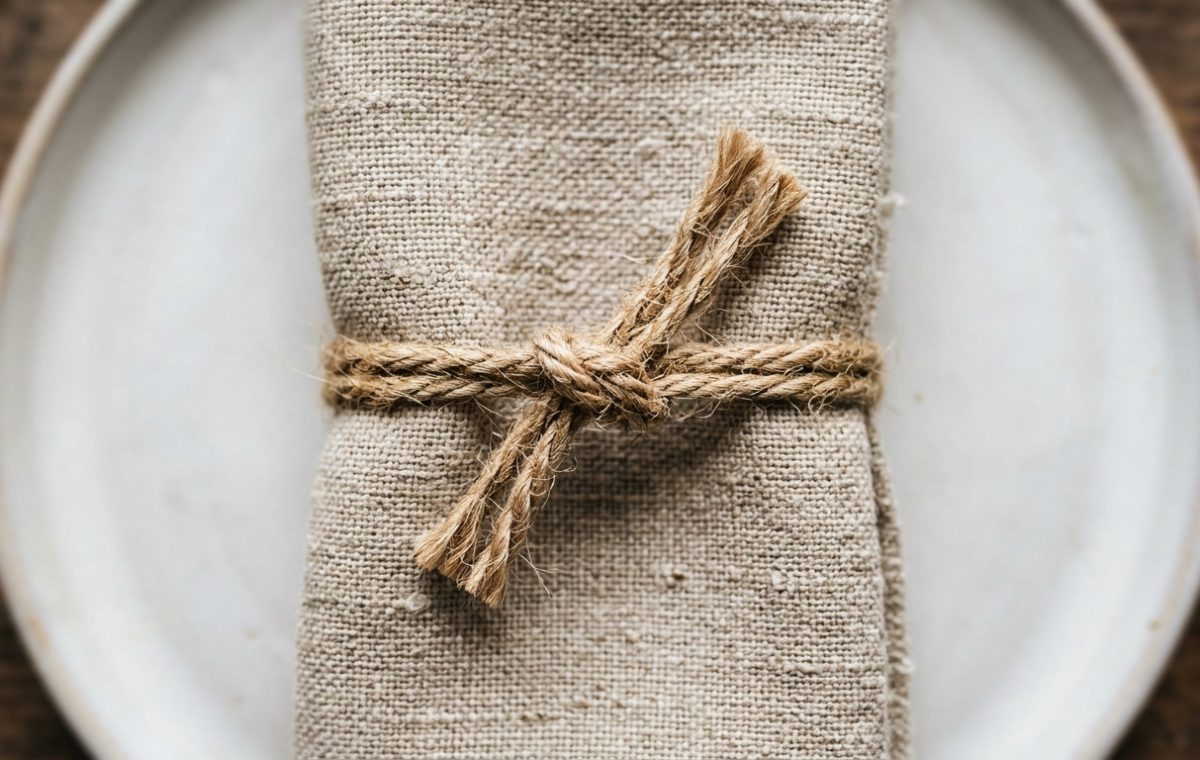 A rustic table setting featuring a neutral linen napkin tied with jute twine on a ceramic plate.