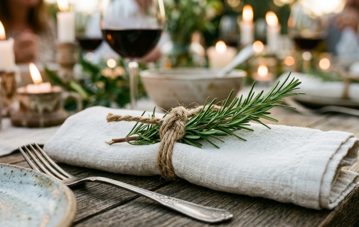 Rustic tablescape featuring linen napkins tied with twine and fresh rosemary sprigs on a wooden table.