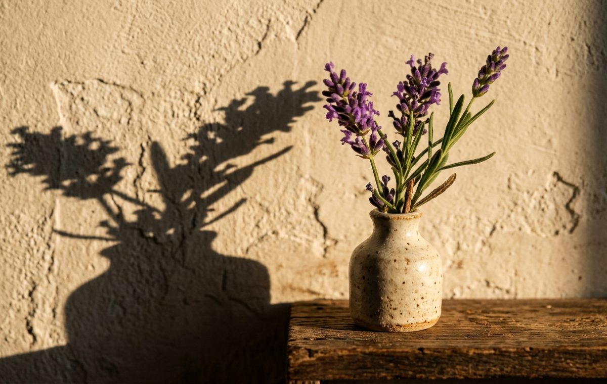 Small ceramic vase with lavender on a wooden shelf against a textured wall with rustic tabletop decor styling.