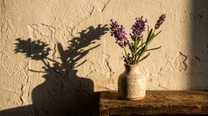 Small ceramic vase with lavender on a wooden shelf against a textured wall with rustic tabletop decor styling.