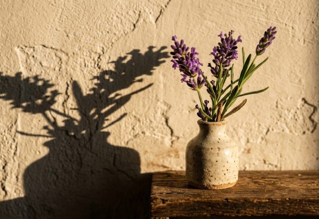 Small ceramic vase with lavender on a wooden shelf against a textured wall with rustic tabletop decor styling.