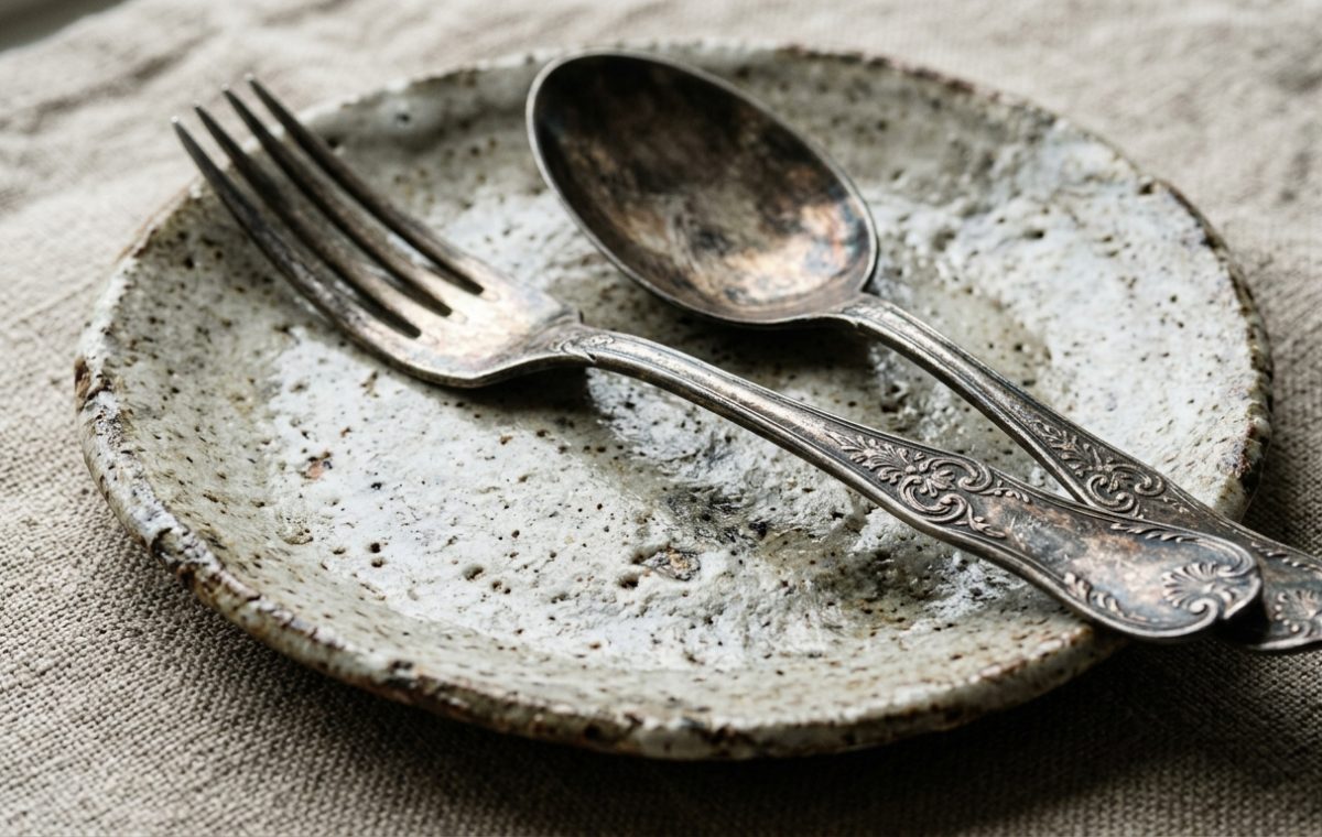 Rustic tableware featuring a handmade ceramic plate, vintage fork, and spoon on linen.