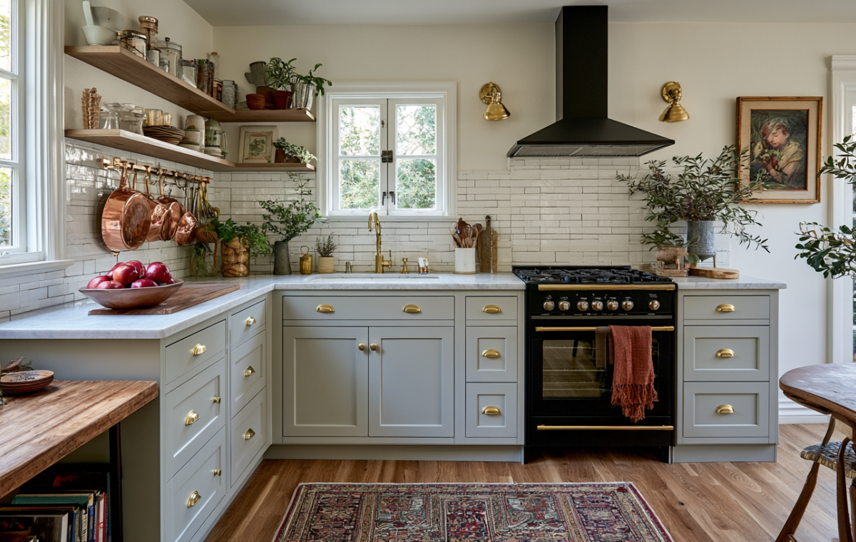 Sage green kitchen cabinets with brass hardware, open shelving, and a black range stove.