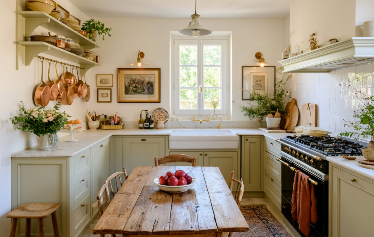A cozy rustic kitchen featuring sage green kitchen cabinets, a wooden dining table, and copper cookware hanging on the wall.