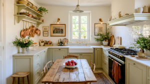 A cozy rustic kitchen featuring sage green kitchen cabinets, a wooden dining table, and copper cookware hanging on the wall.