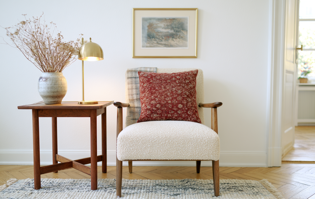 Scandinavian armchair styling featuring a white boucle chair, wooden side table, and brass lamp in a bright room.