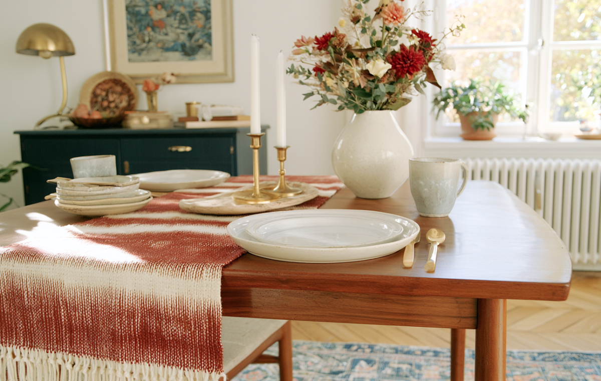 Scandinavian dining room decor featuring a wooden table, striped table runner, and minimalist ceramic tableware.
