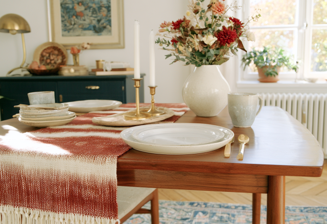 Scandinavian dining room decor featuring a wooden table, striped table runner, and minimalist ceramic tableware.