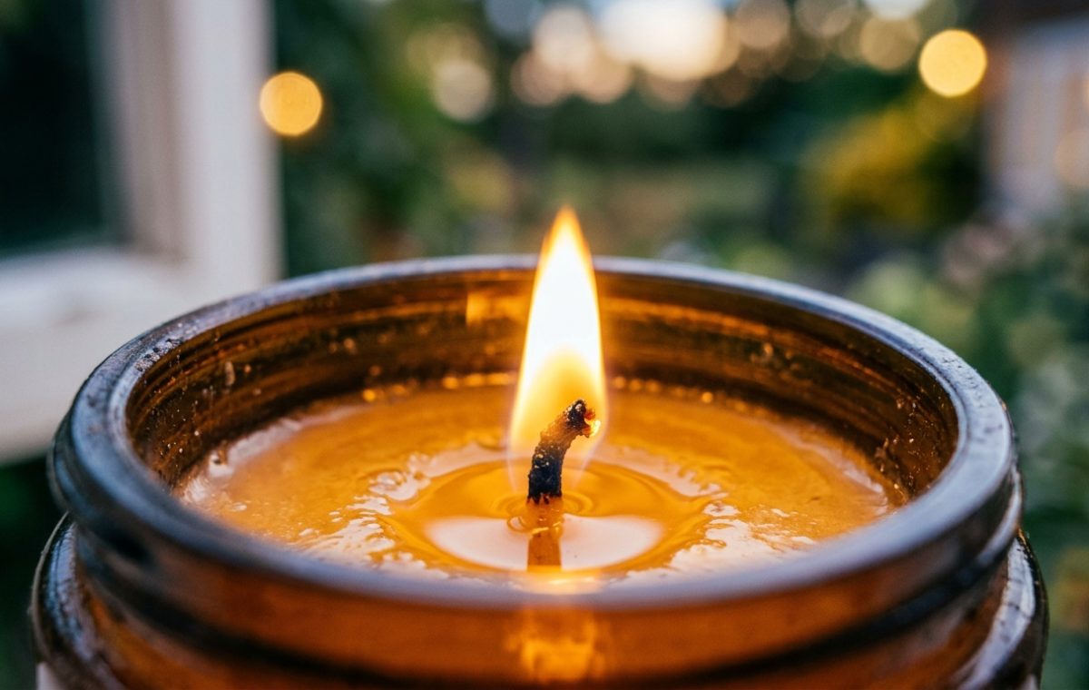 Close-up of a lit amber jar scented candle with a glowing flame and golden wax pool.