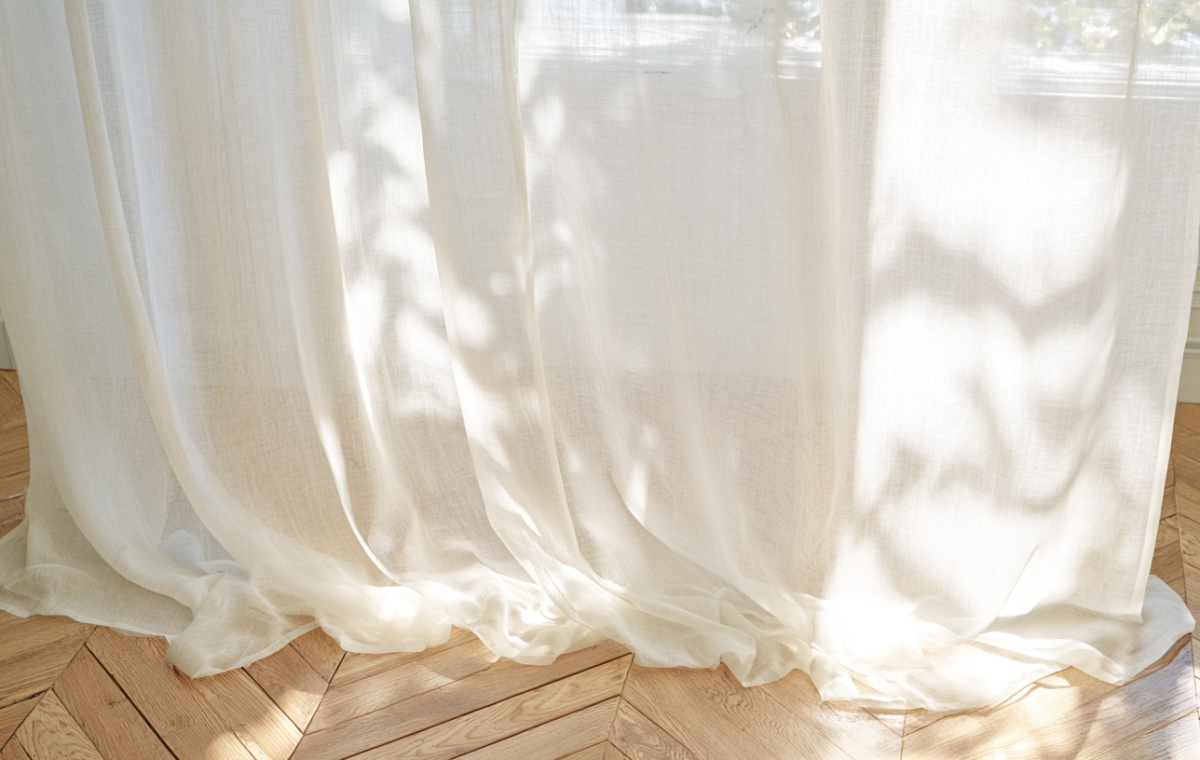 Sunlit sheer linen curtains pooling onto herringbone wood flooring in a bright living room.