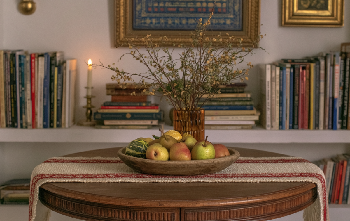 Shelf styling ideas featuring built-in bookcases, a round wooden table, and a fruit bowl centerpiece.