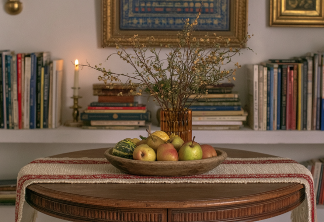 Shelf styling ideas featuring built-in bookcases, a round wooden table, and a fruit bowl centerpiece.