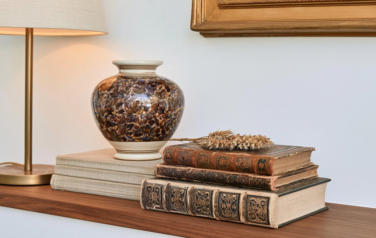 Shelf styling with books and vases featuring a brass lamp and antique volumes