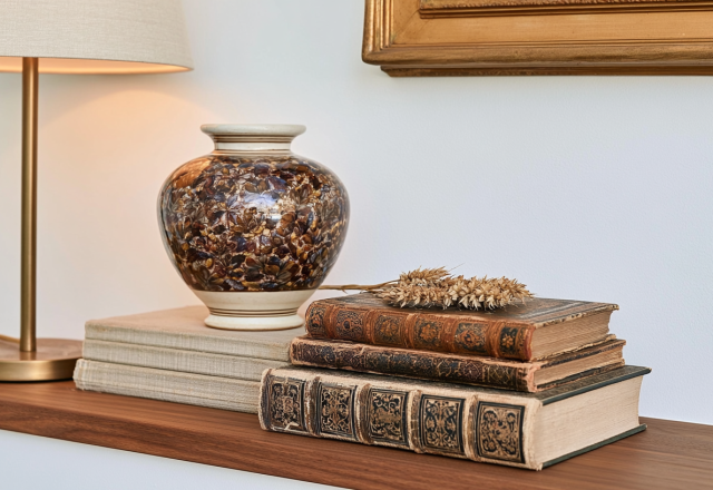 Shelf styling with books and vases featuring a brass lamp and antique volumes