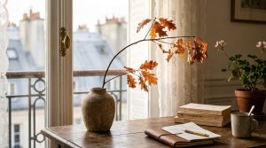 Slow living desk setup featuring a ceramic vase with oak branches, vintage books, and a journal by a sunlit window