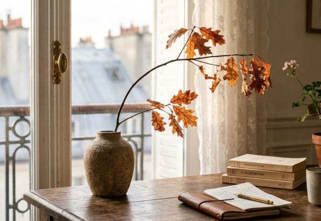 Slow living desk setup featuring a ceramic vase with oak branches, vintage books, and a journal by a sunlit window