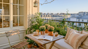 Cozy small balcony design featuring a wooden table, potted plants, and striped cushions overlooking a city skyline