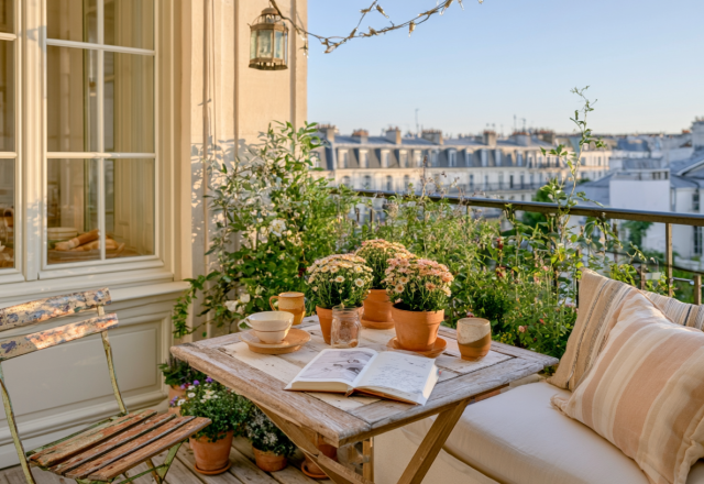 Cozy small balcony design featuring a wooden table, potted plants, and striped cushions overlooking a city skyline