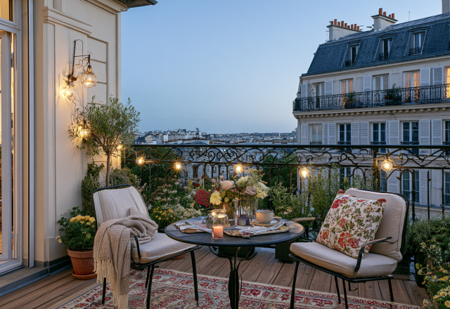 Cozy small balcony styling ideas featuring a bistro set, string lights, and city views