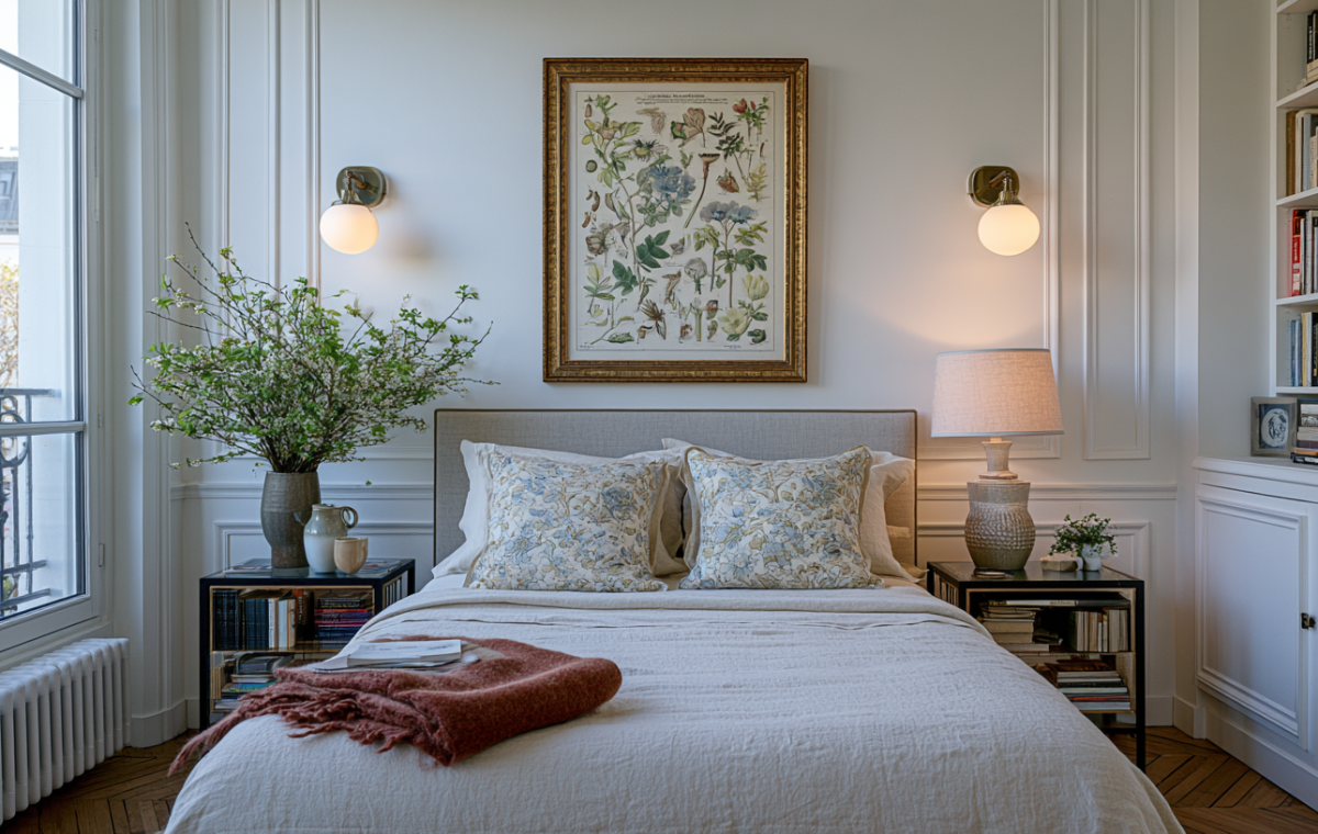 Small bedroom lighting ideas featuring brass wall sconces flanking a framed botanical print above the bed.