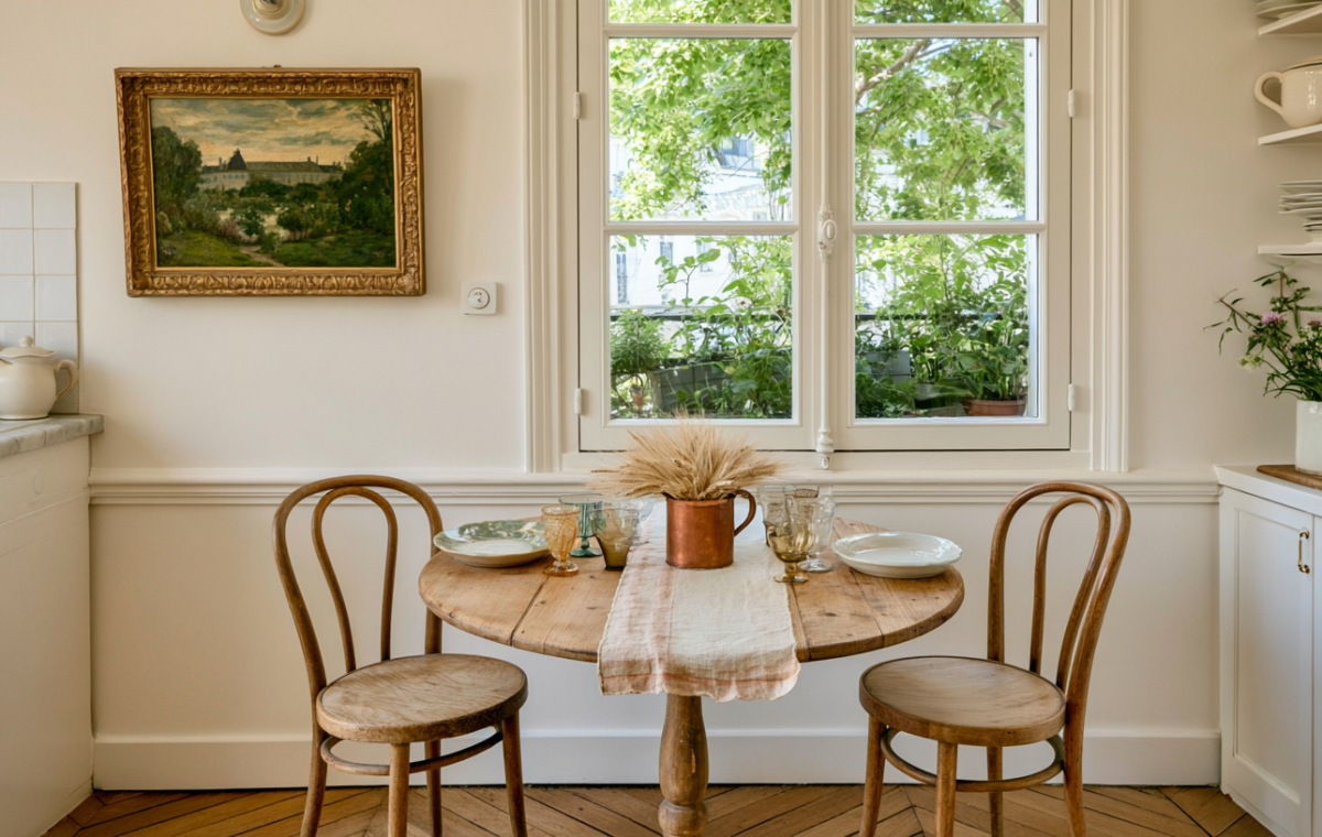 Cozy small dining room ideas featuring a round wooden table and bentwood chairs.