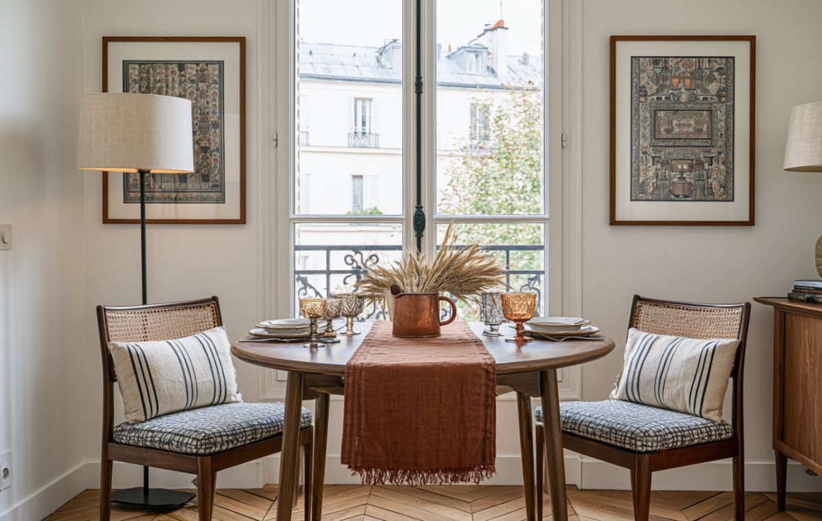 Cozy small dining room ideas featuring a round wooden table, cane chairs, and natural light from French windows.