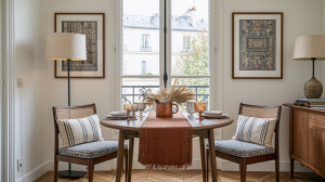Cozy small dining room ideas featuring a round wooden table, cane chairs, and natural light from French windows.