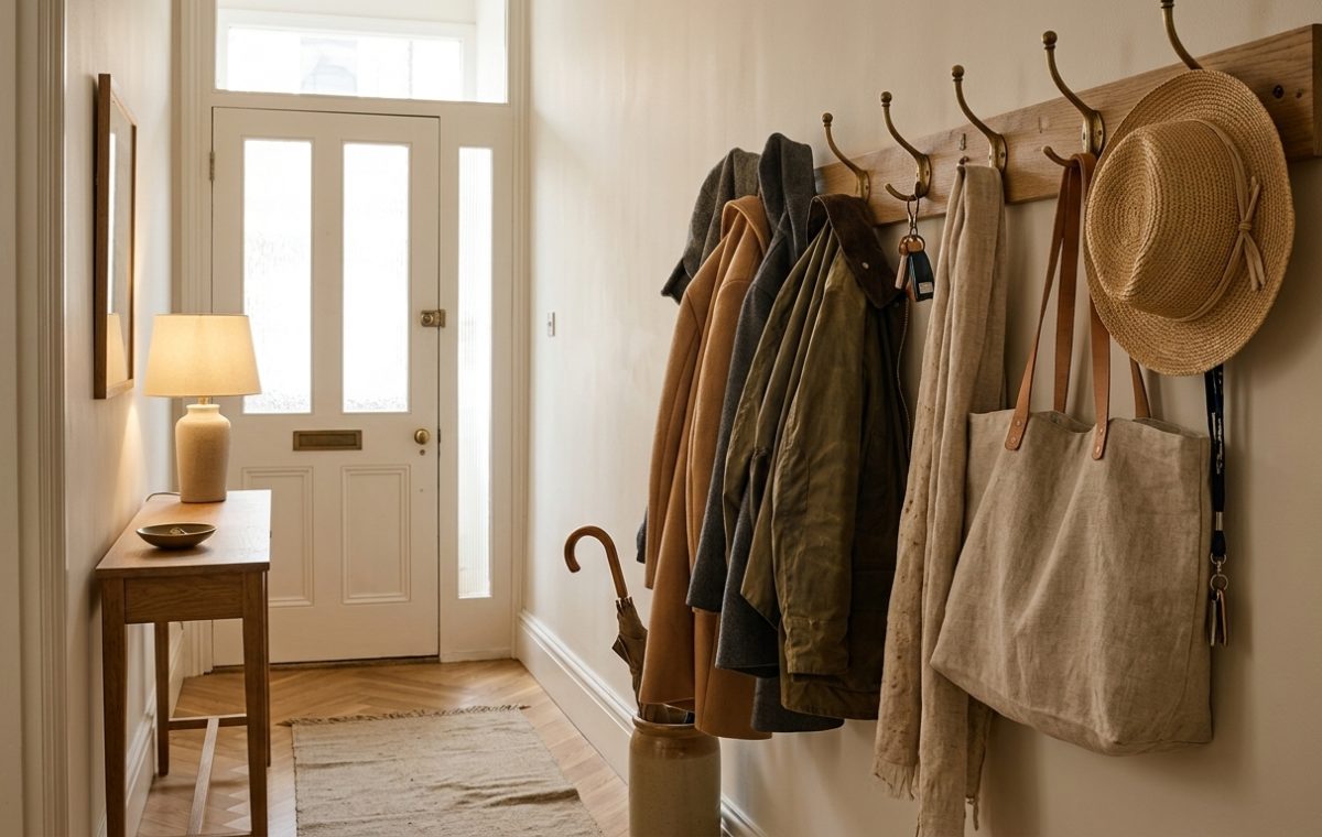 Small entryway organization with wooden coat hooks, a straw hat, and a narrow console table.