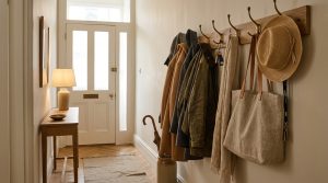 Small entryway organization with wooden coat hooks, a straw hat, and a narrow console table.