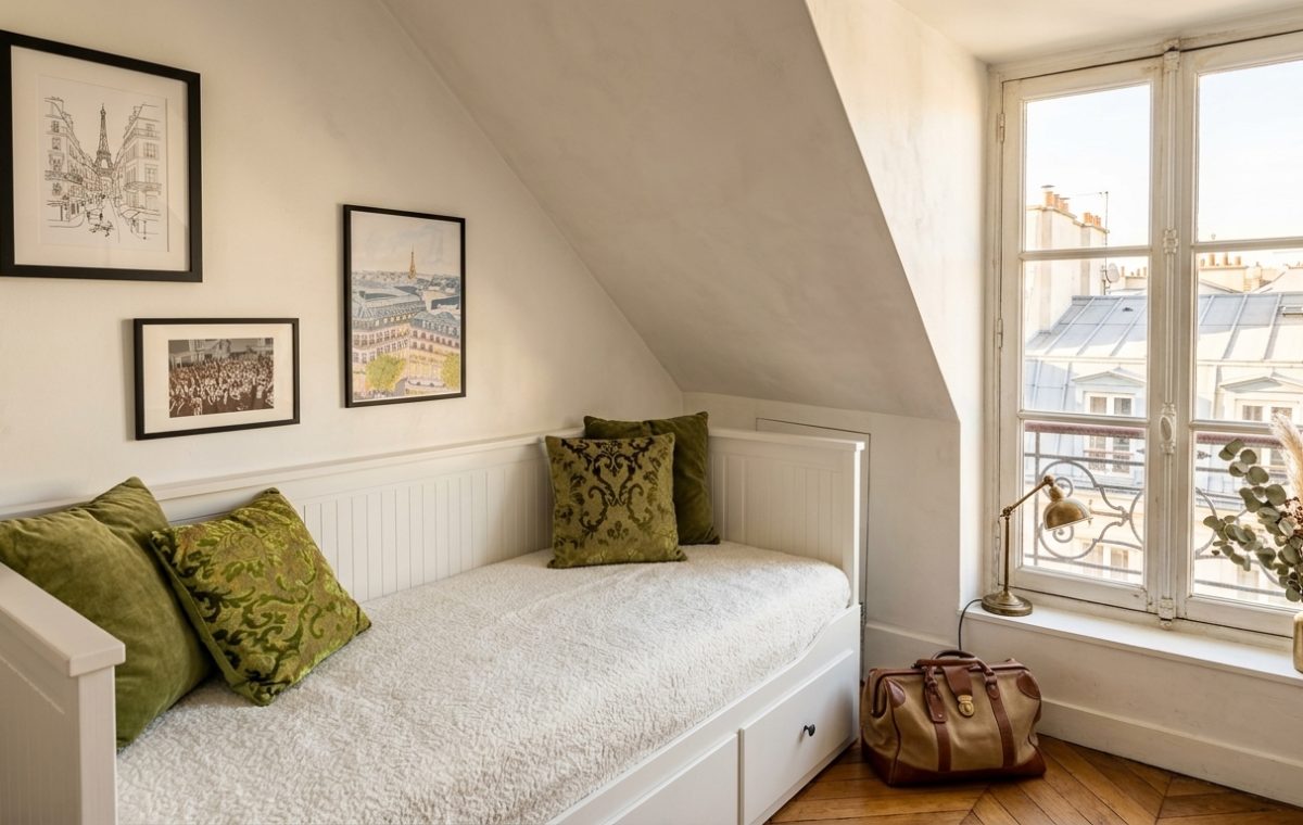Cozy attic guest bedroom with white daybed, sloped ceilings, and green velvet pillows