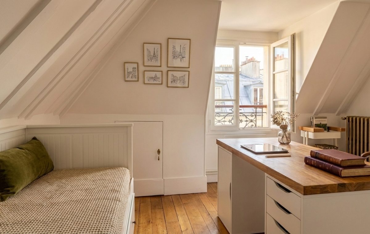 A bright attic home office layout featuring a wooden desk, white drawers, and a built-in daybed under slanted ceilings.