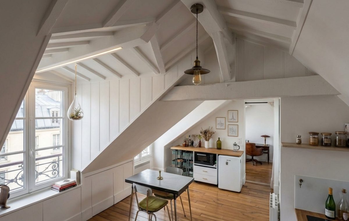 Bright attic kitchen layout featuring sloped white paneled ceilings and compact wooden flooring.
