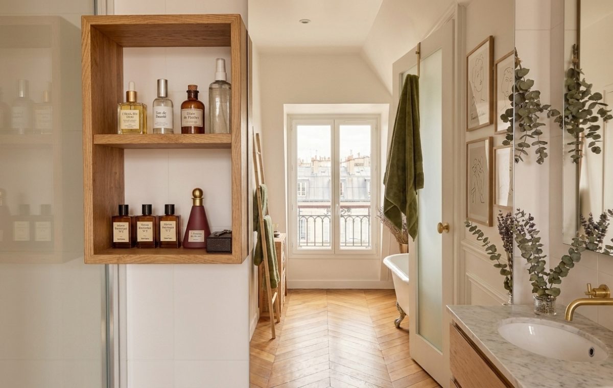 Modern primary bathroom featuring built-in wooden shelving, marble vanity, and chevron flooring.