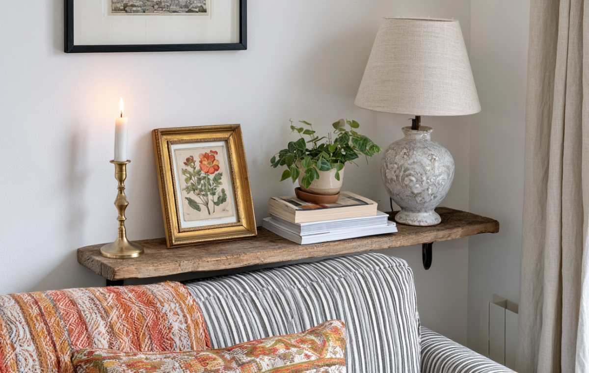Behind sofa shelf ideas featuring a reclaimed wood floating ledge styled with a lamp, plants, and art.