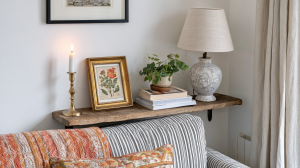 Behind sofa shelf ideas featuring a reclaimed wood floating ledge styled with a lamp, plants, and art.